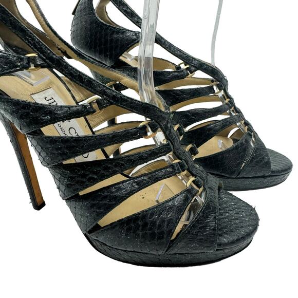 Jimmy Choo Black Leather Green Shimmer Gladiator Cage Platform Stiletto Sandals - Picture 7 of 11